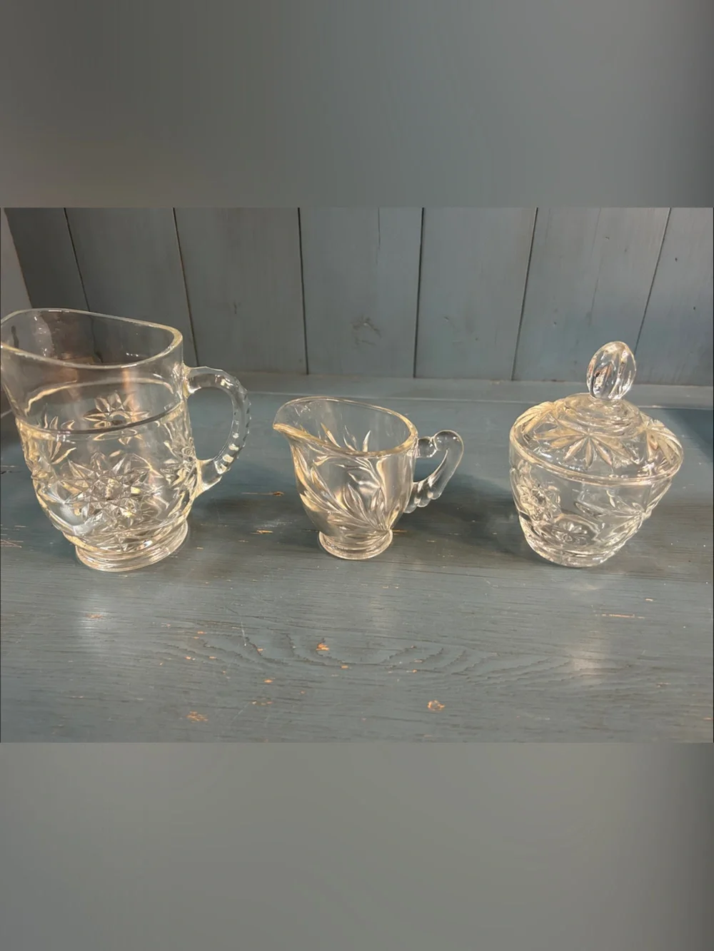 Clear Pressed Glass Pitcher, Sugar Bowl and Creamer Set - Elegant Cut Pattern